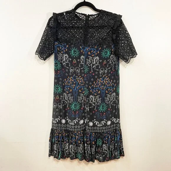 EUC Sandro Zodiac Celestial Lace Trim Mini Dress Black 36, 4, S Mini